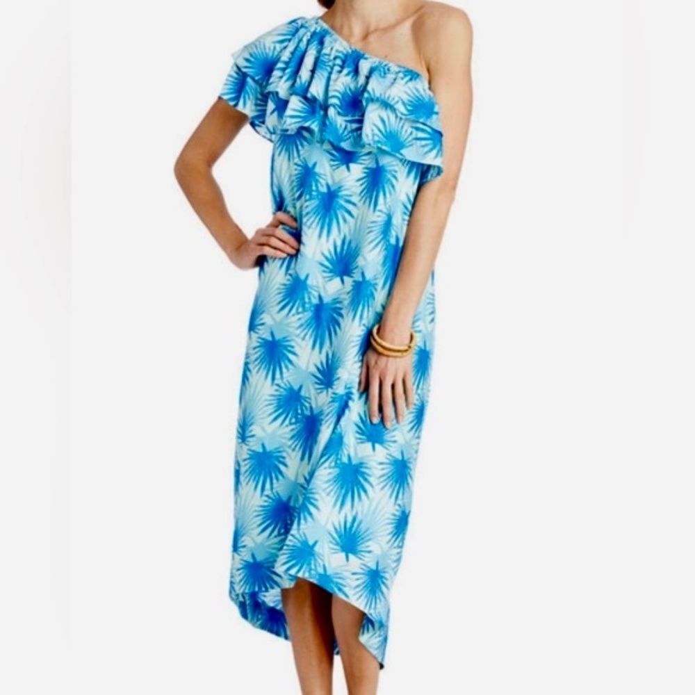 Vineyard Vines Ruffled One-Sleeve Hi-Low Midi Dress - Blue Palm | Size 4